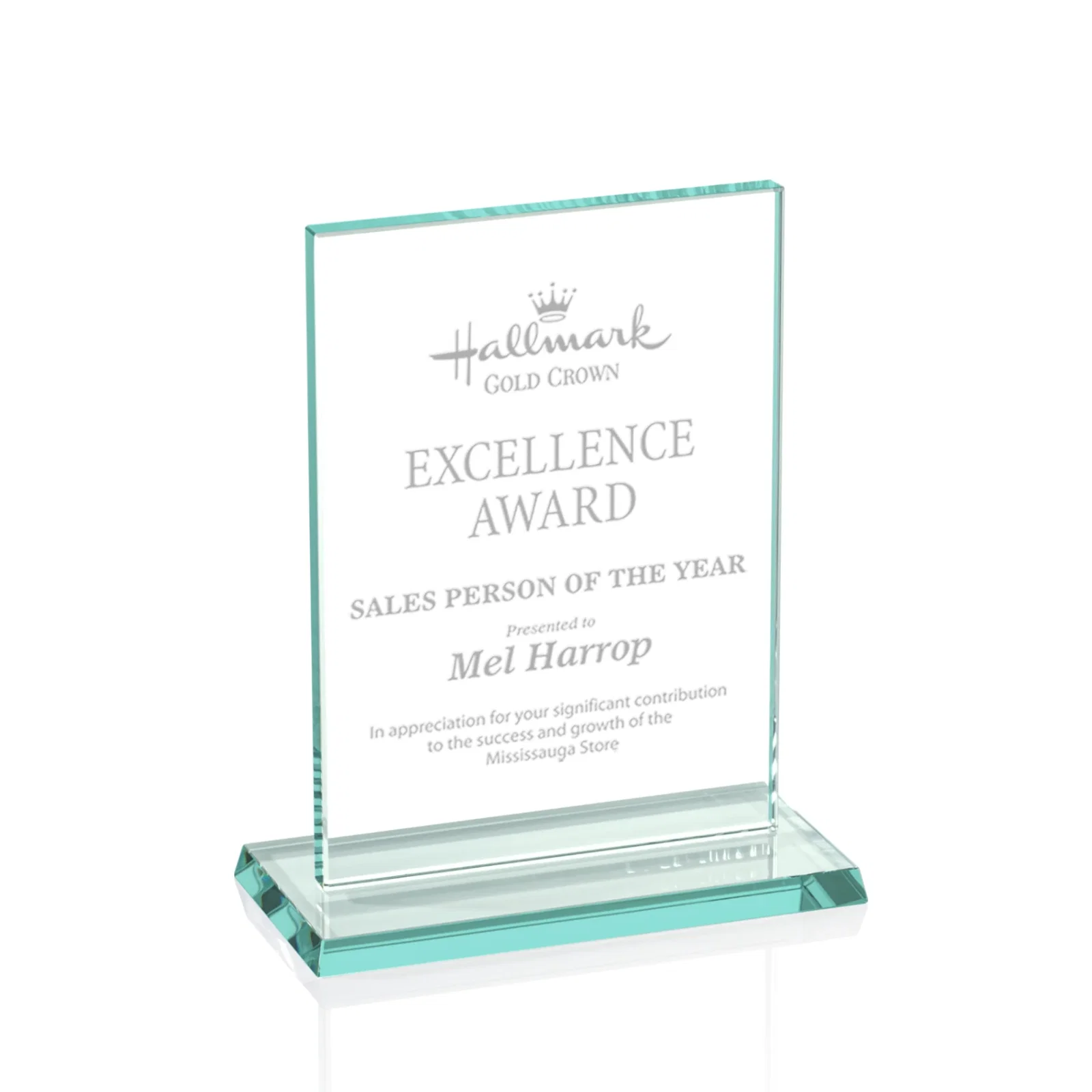 Custom Jade Glass Rectangle Award In 3/8 Or 5/8 Inch, Matching Base for corporate award ceremonies