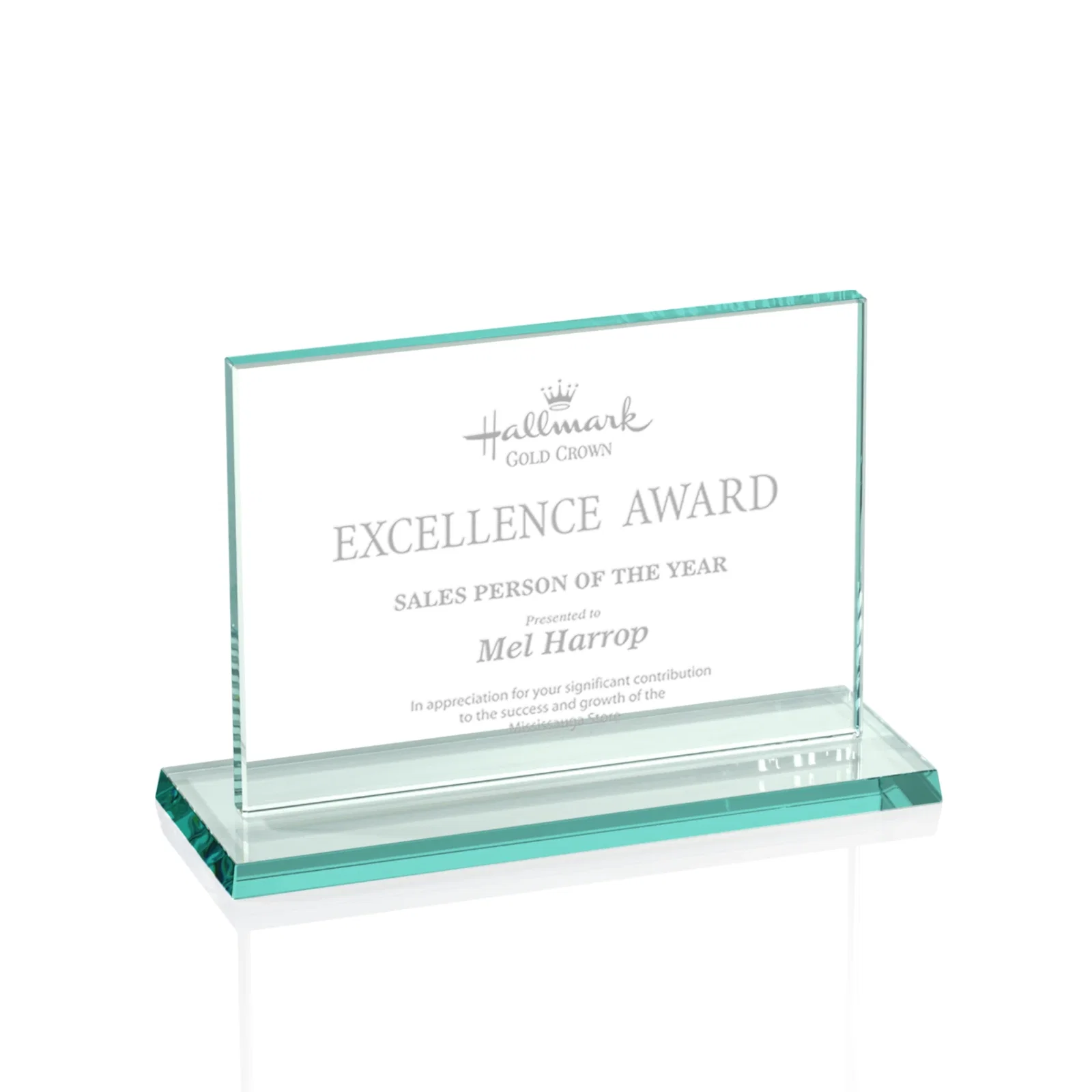 Custom Jade Glass Rectangle Award In 3/8 Or 5/8 Inch, Matching Base for service anniversary gifts