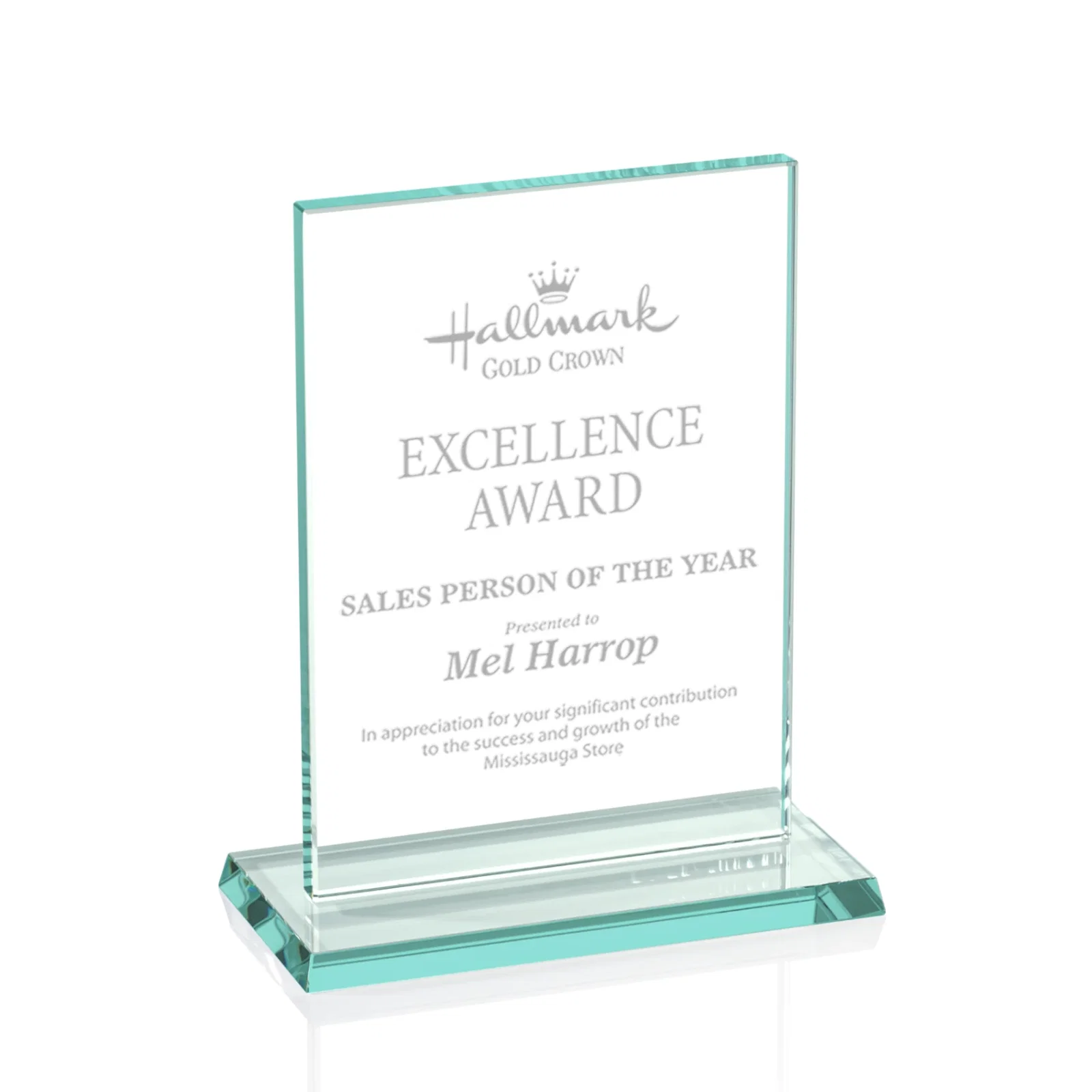 Custom Jade Glass Rectangle Award In 3/8 Or 5/8 Inch, Matching Base for sales achievement awards