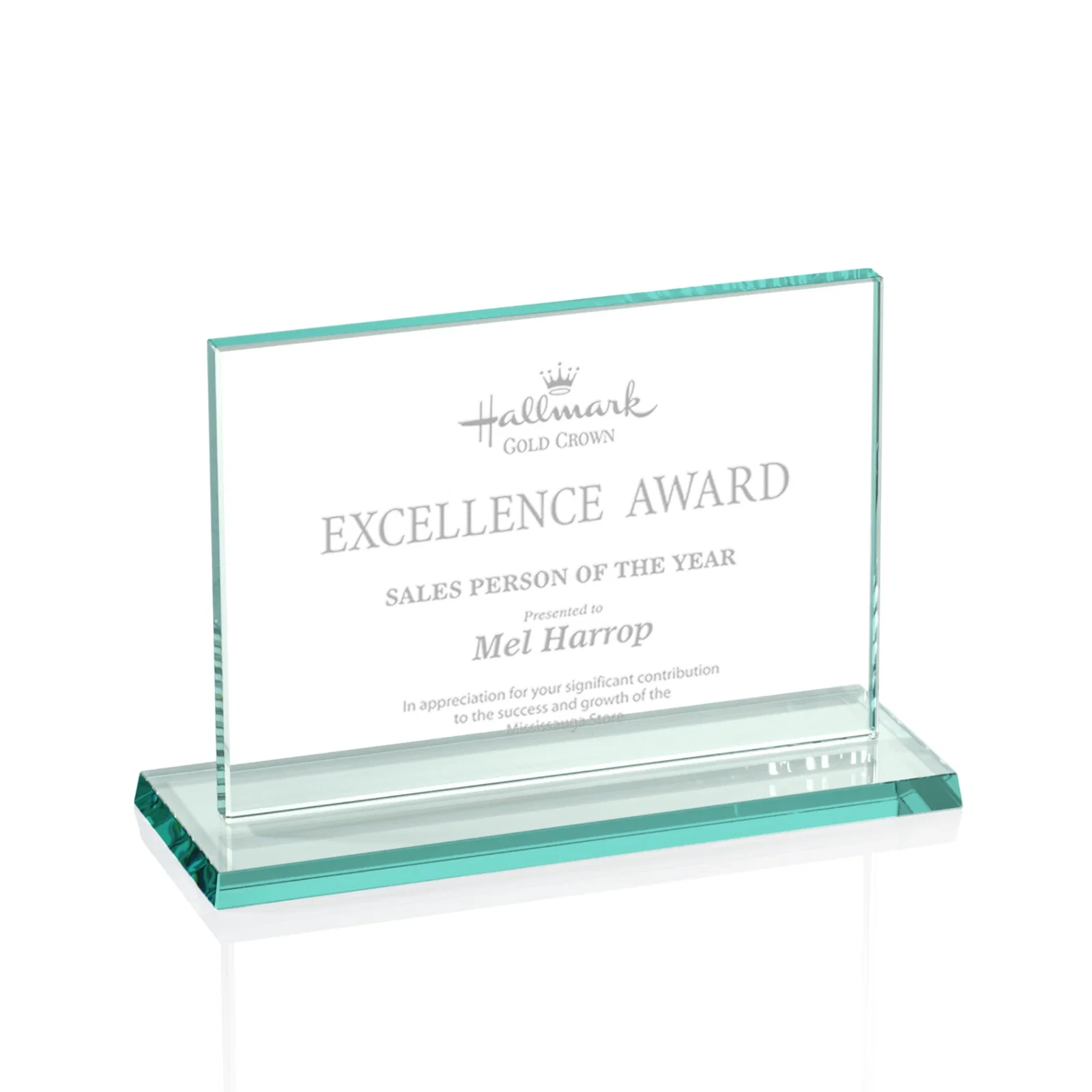 Custom Jade Glass Rectangle Award In 3/8 Or 5/8 Inch, Matching Base for retirement presentations