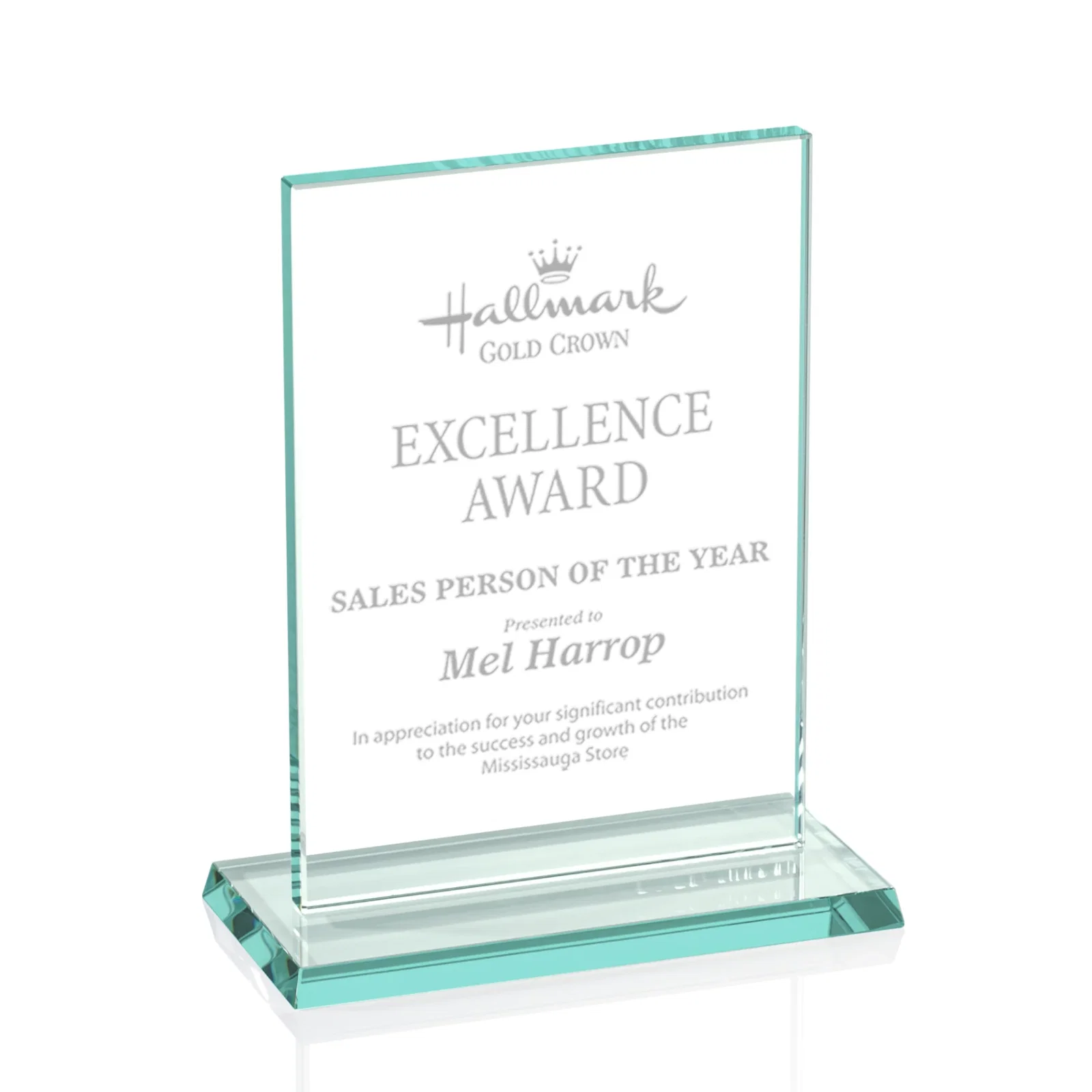 Custom Jade Glass Rectangle Award In 3/8 Or 5/8 Inch, Matching Base for team milestone celebrations