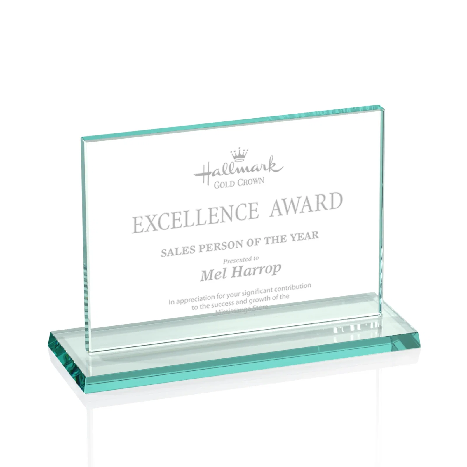 Custom Jade Glass Rectangle Award In 3/8 Or 5/8 Inch, Matching Base for donor appreciation