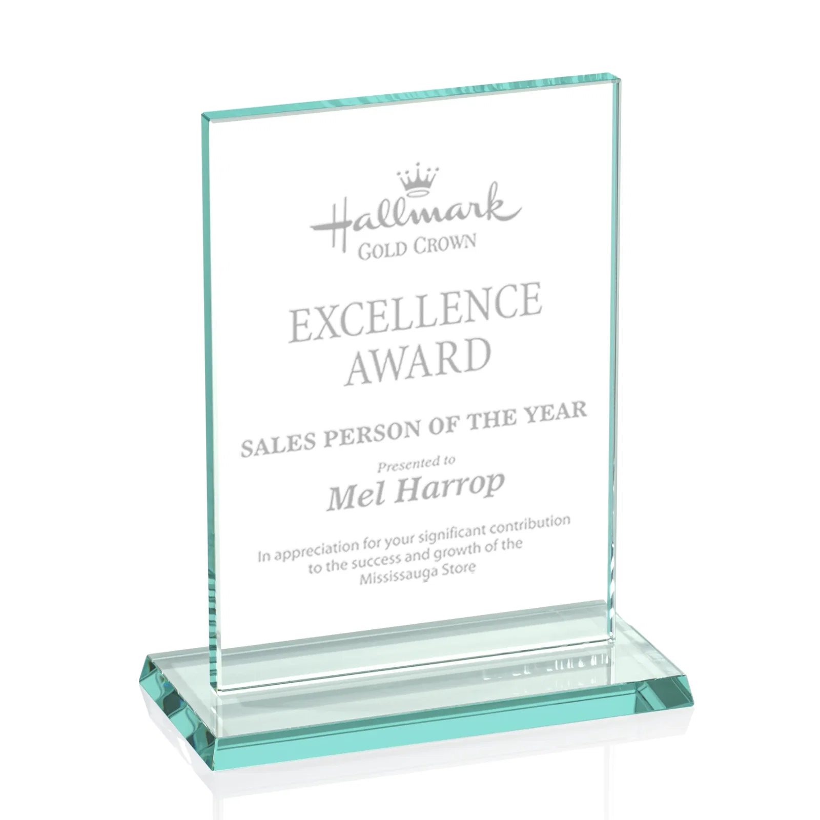 Custom Jade Glass Rectangle Award In 3/8 Or 5/8 Inch, Matching Base for graduation ceremonies