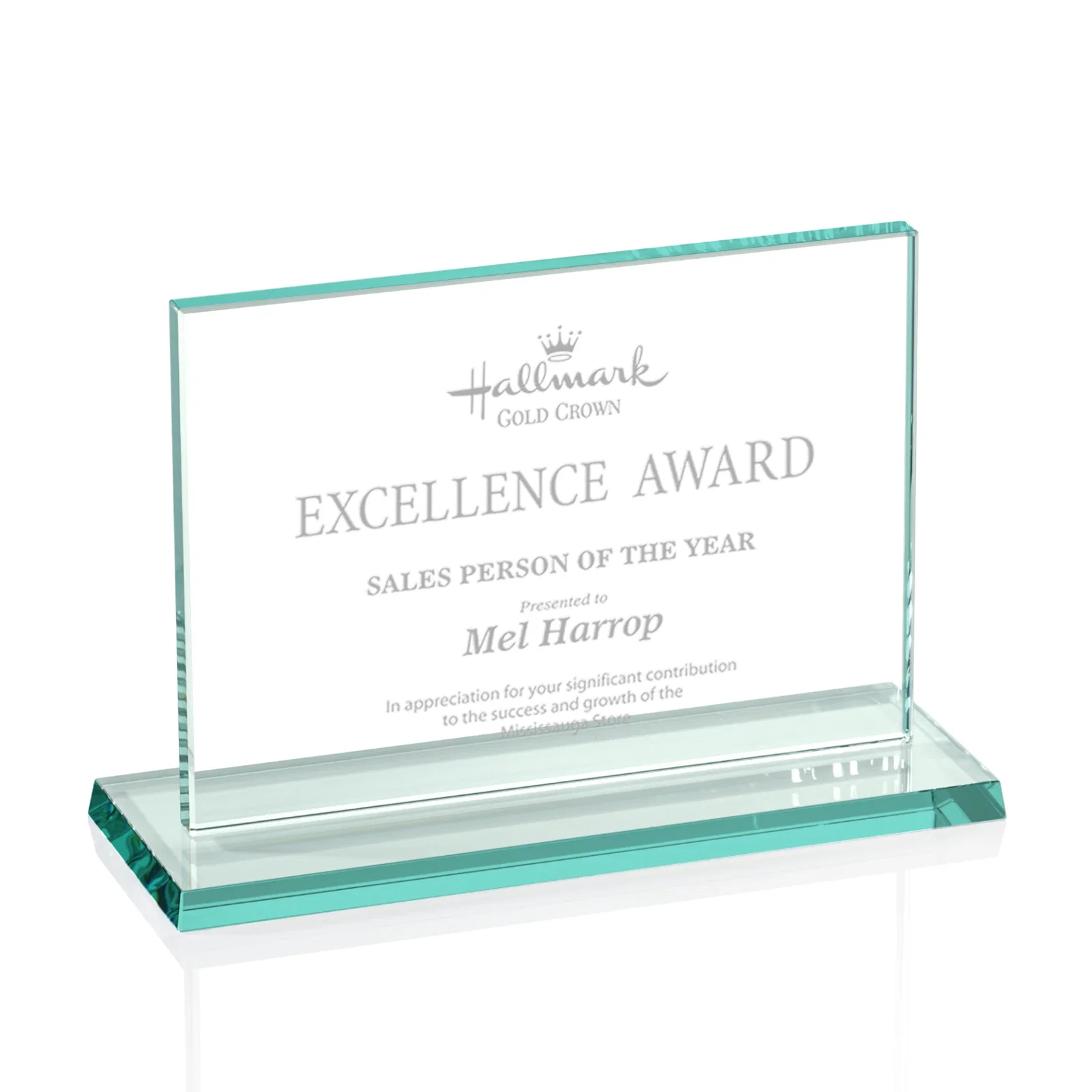 Custom Jade Glass Rectangle Award In 3/8 Or 5/8 Inch, Matching Base for safety achievement programs