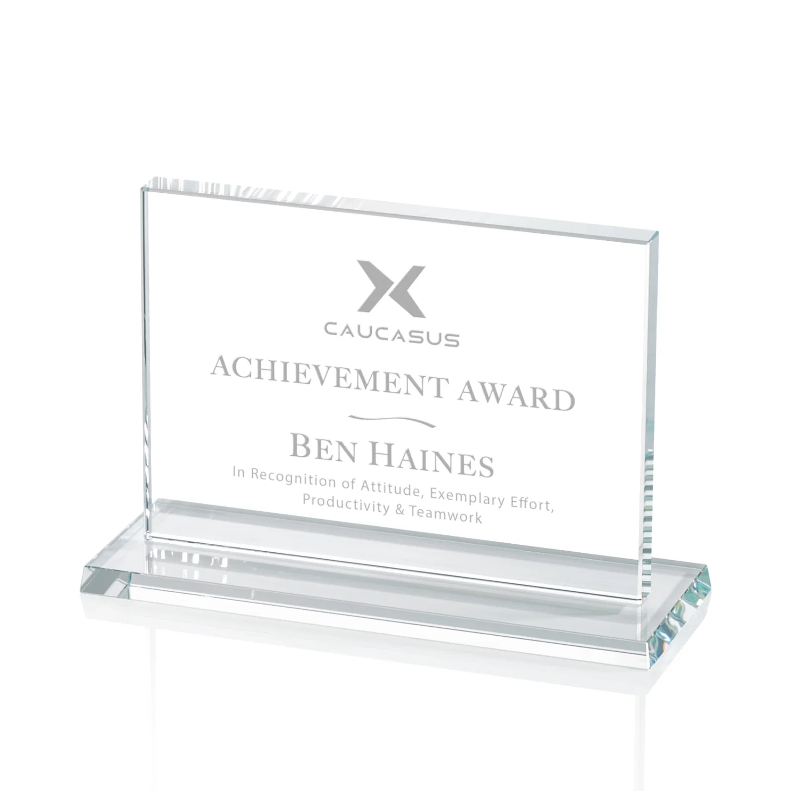 Custom 5/8 Inch Starfire Crystal Rectangle Award on Matching Base, awards for retirement presentations