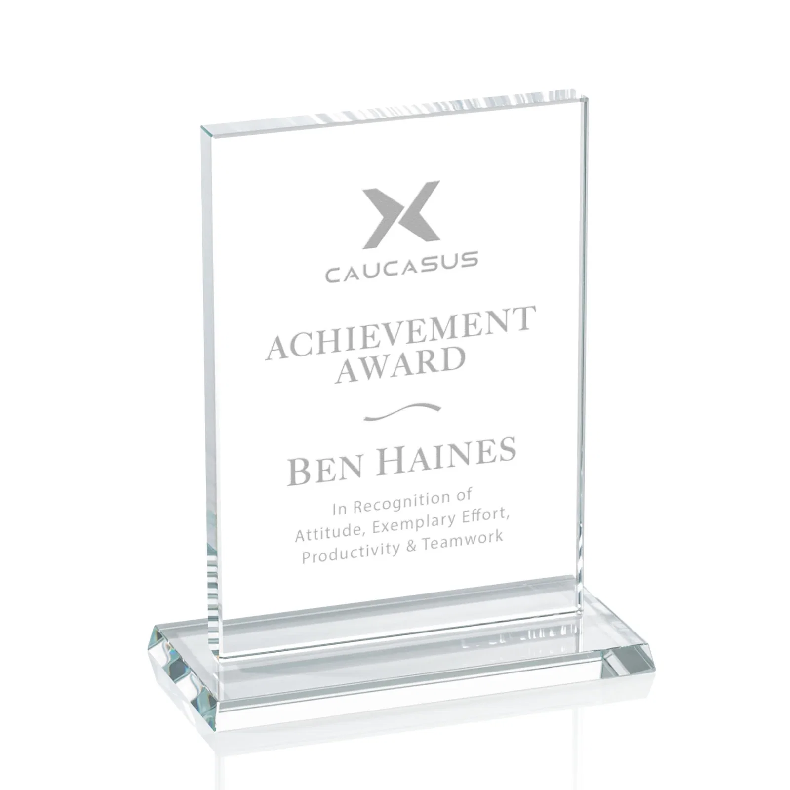 Custom 5/8 Inch Starfire Crystal Rectangle Award on Matching Base, awards for team milestone celebrations