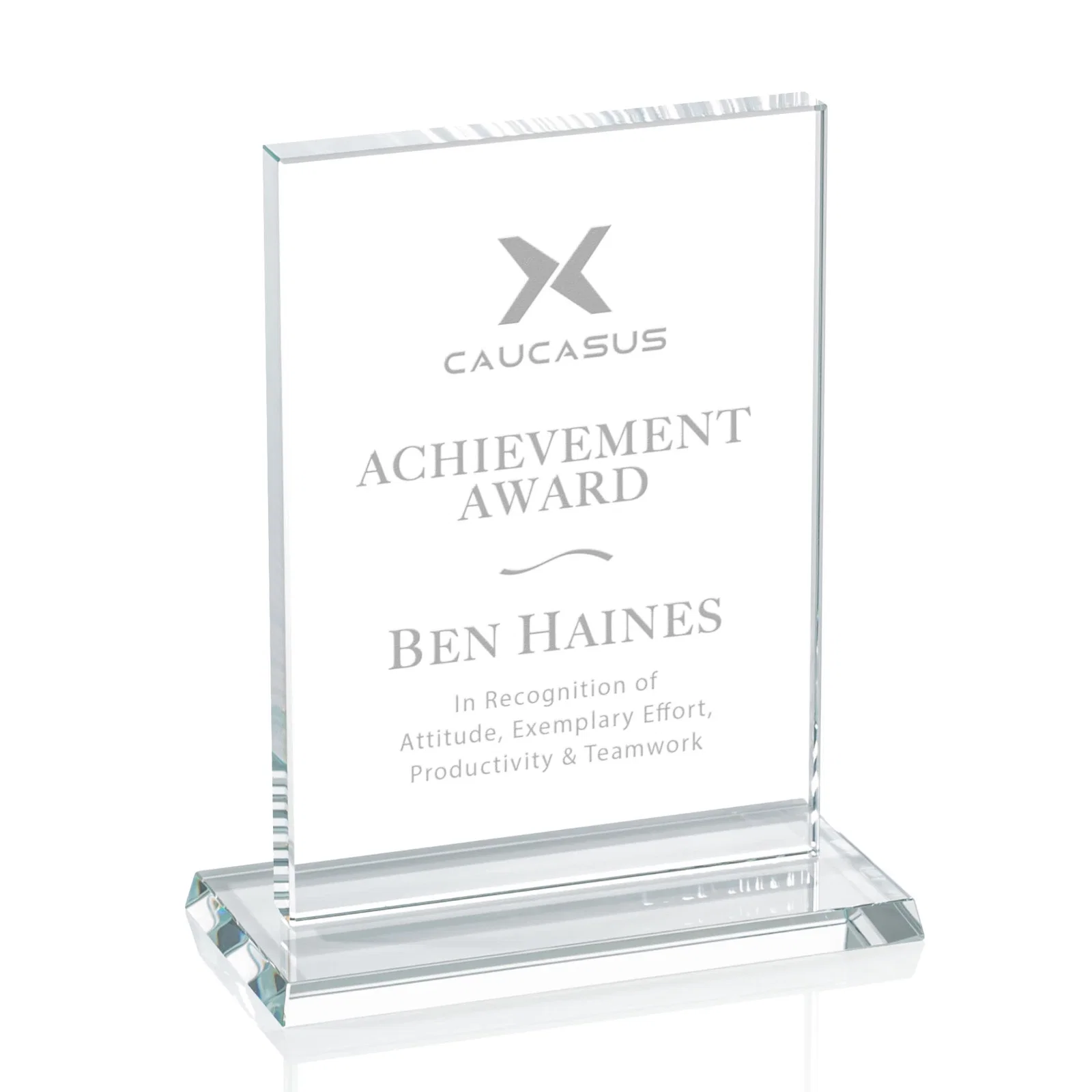 Custom 5/8 Inch Starfire Crystal Rectangle Award on Matching Base, awards for safety achievement programs