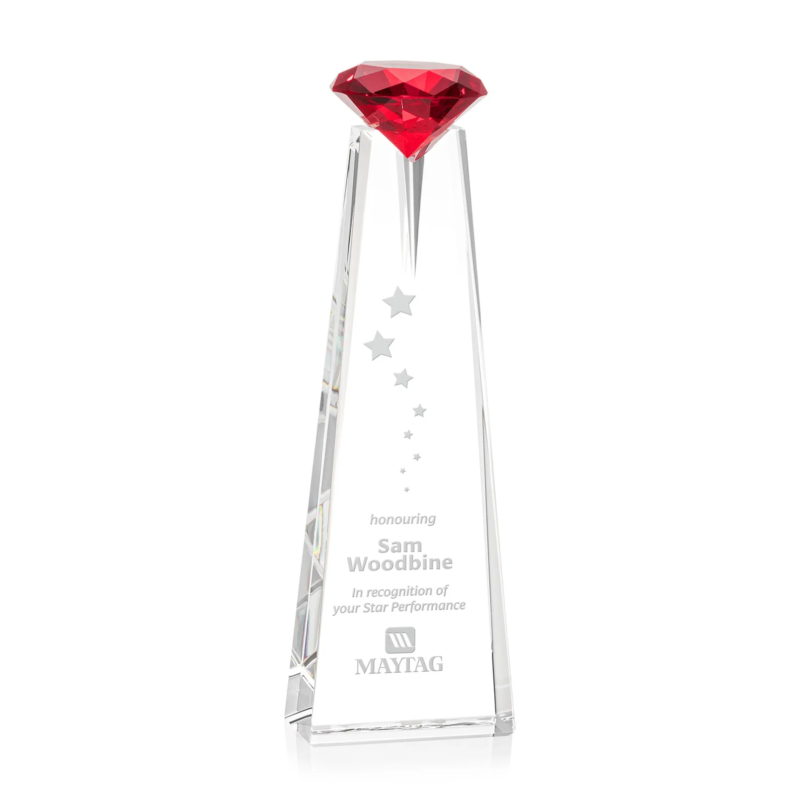 Custom Optical Crystal Tower Award with Faceted Gemstone Beacon for dealer and partner awards