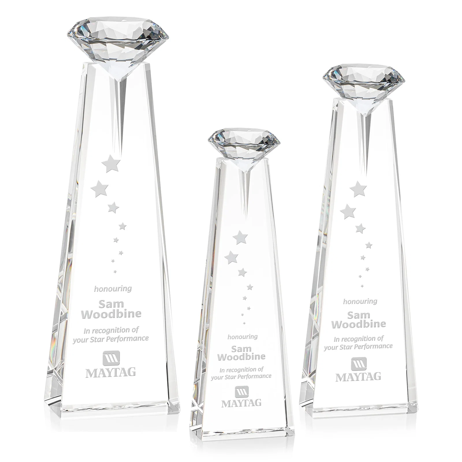 Personalized Optical Crystal Tower Award with Faceted Gemstone Beacon for retirement presentations