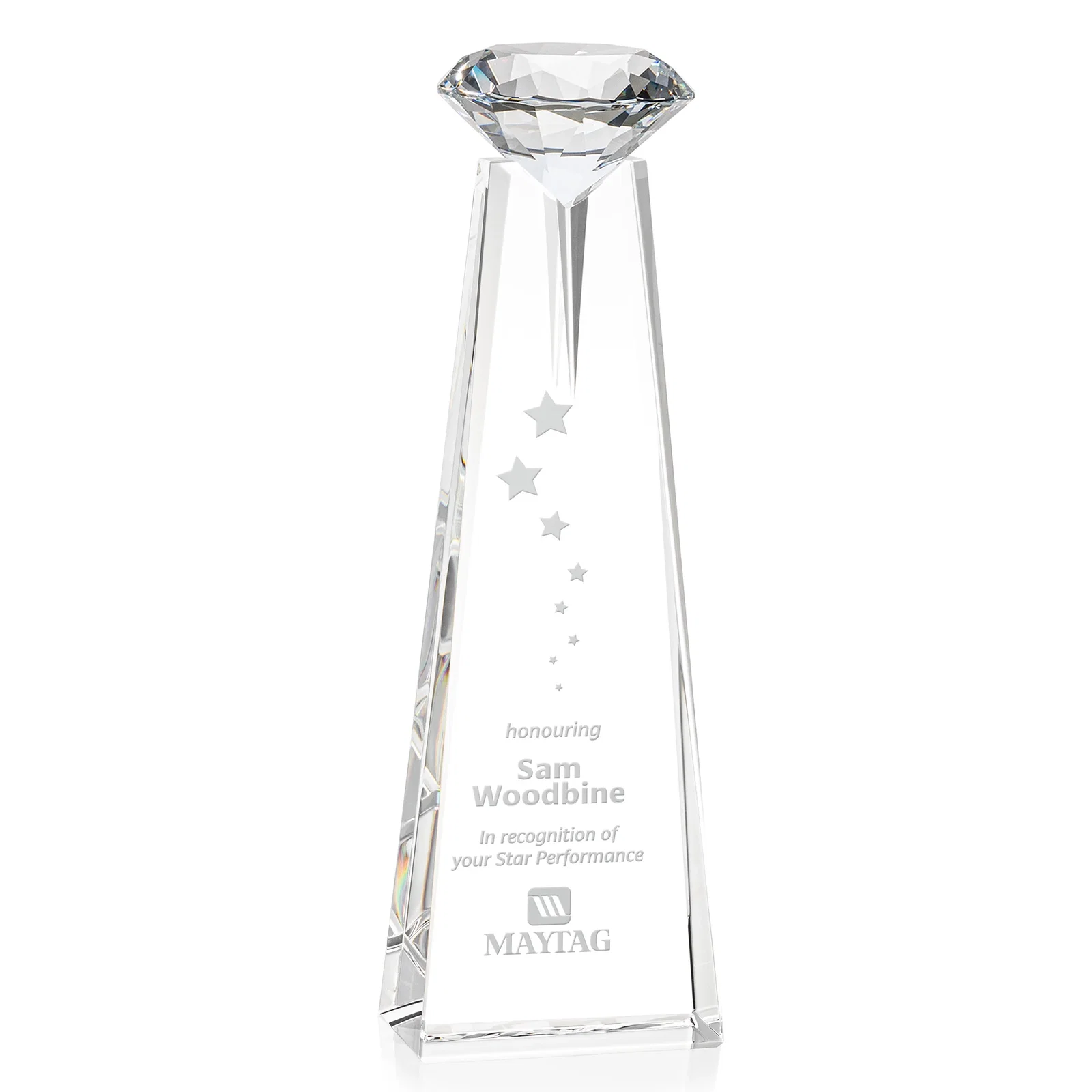 Personalized Optical Crystal Tower Award with Faceted Gemstone Beacon for graduation ceremonies