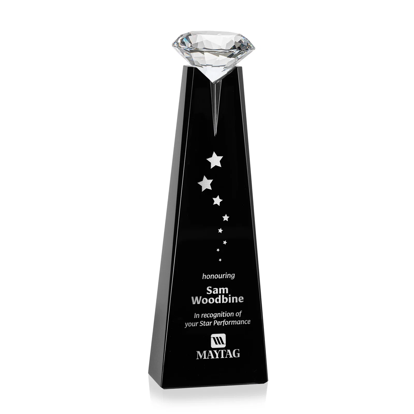 Personalized Optical Crystal Tower Award with Faceted Gemstone Beacon for dealer and partner awards