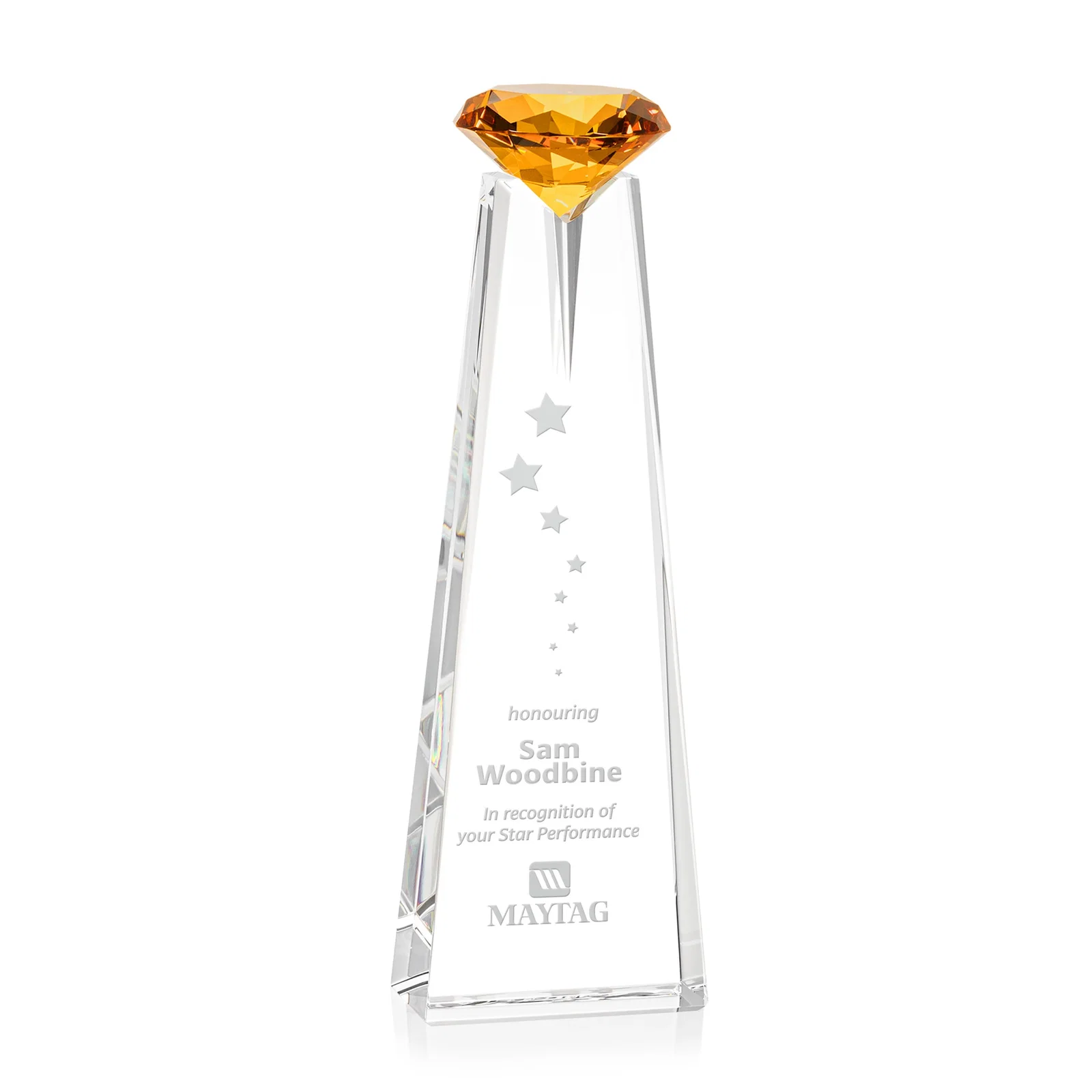 Custom Optical Crystal Tower Award with Faceted Gemstone Beacon for service anniversary gifts