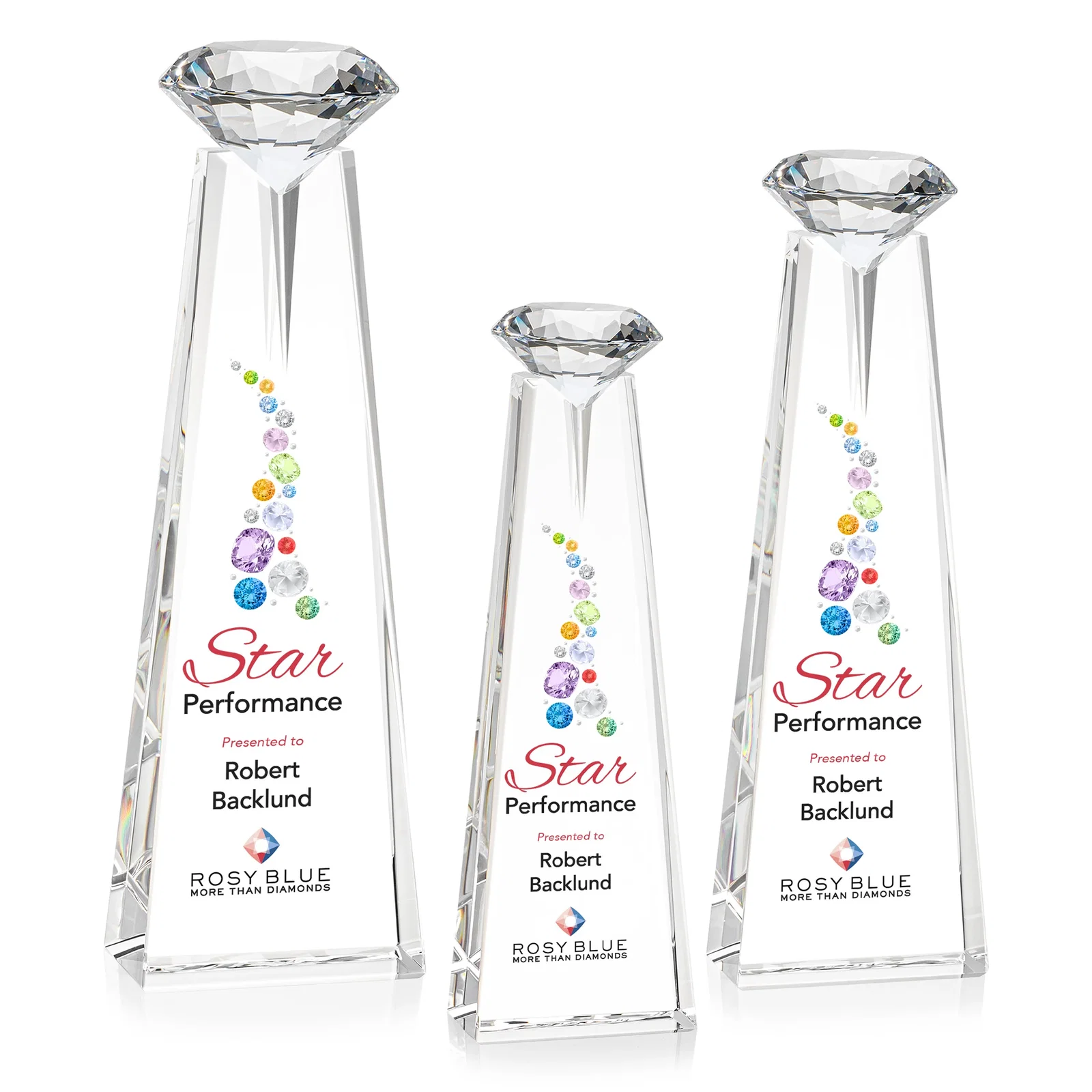 Branded Optical Crystal Tower Award with Faceted Gemstone Beacon for retirement presentations