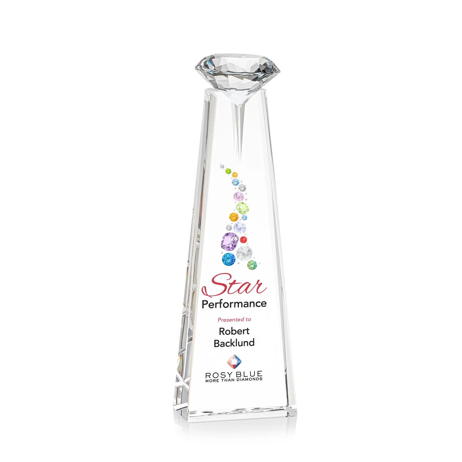 Branded Optical Crystal Tower Award with Faceted Gemstone Beacon for team milestone celebrations