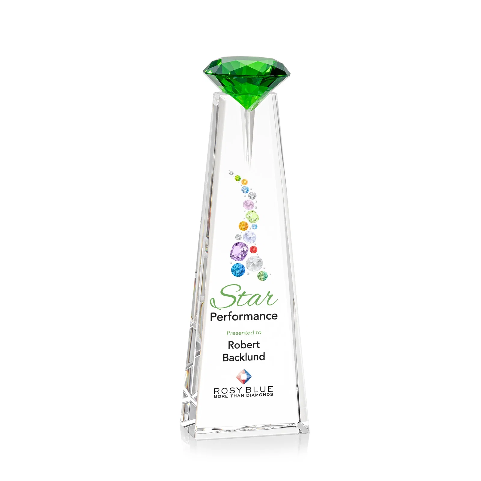 Custom printed Optical Crystal Tower Award with Faceted Gemstone Beacon for corporate award ceremonies
