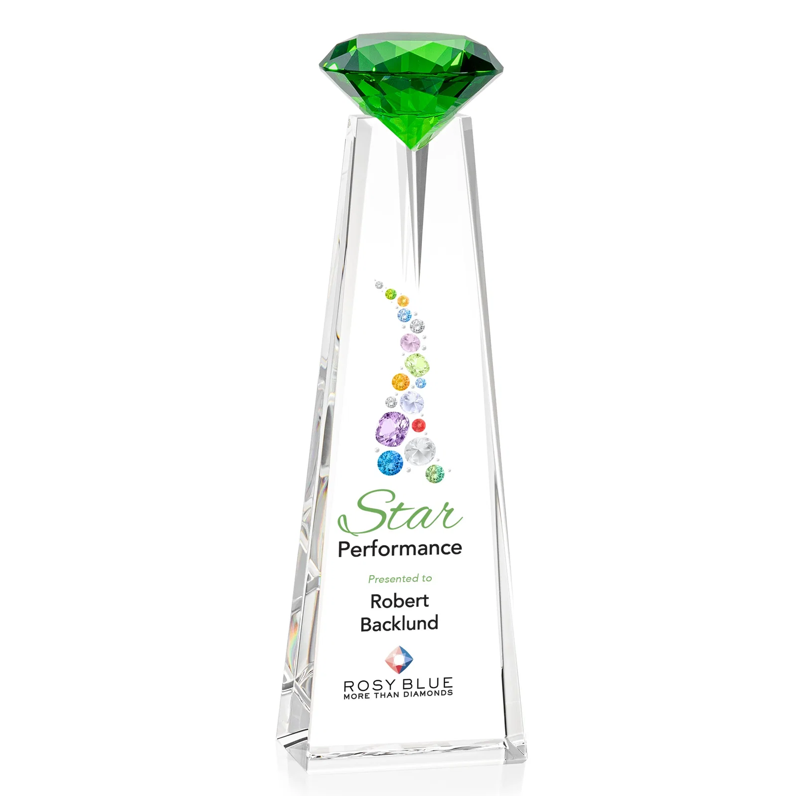 Custom printed Optical Crystal Tower Award with Faceted Gemstone Beacon for sales achievement awards