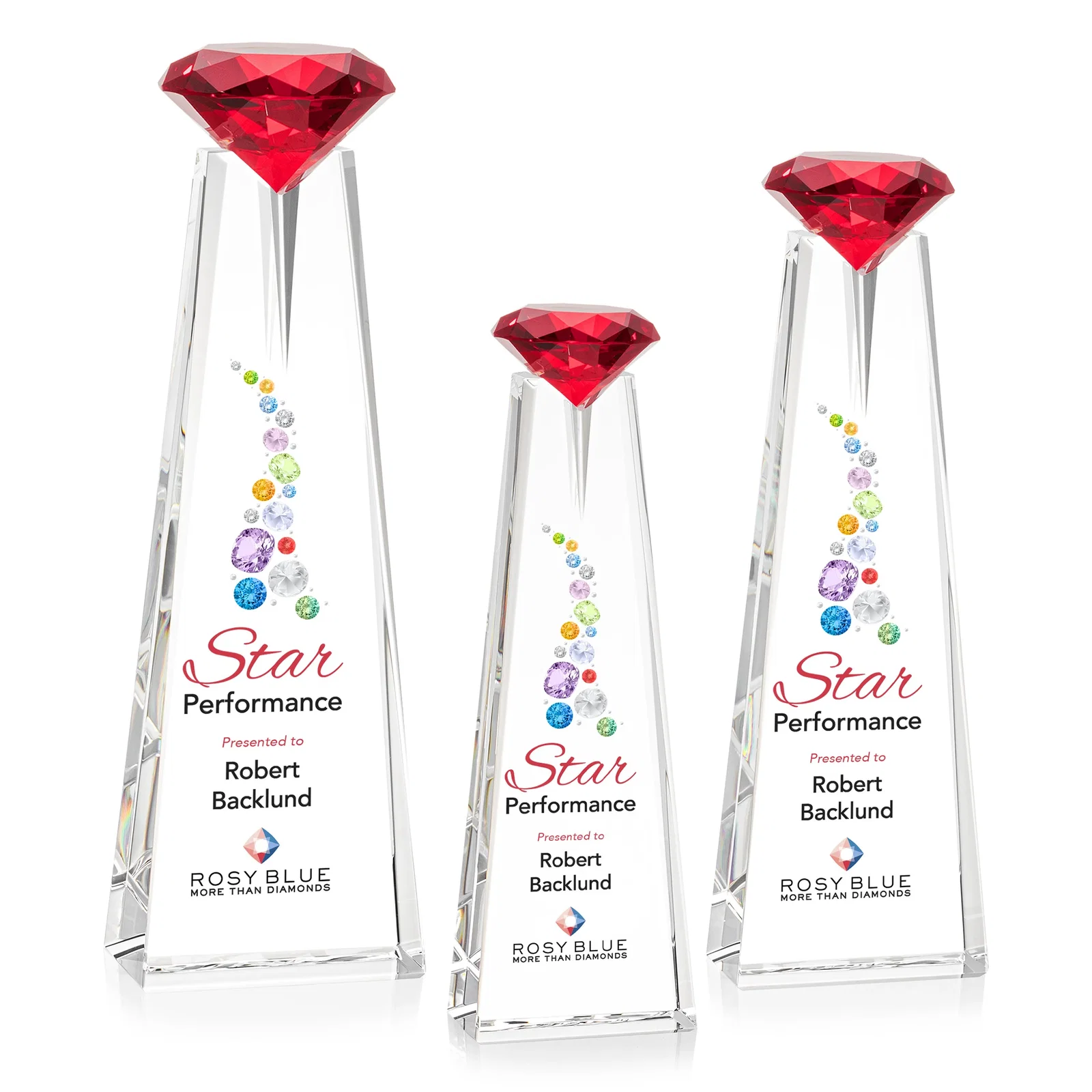 Custom printed Optical Crystal Tower Award with Faceted Gemstone Beacon for retirement presentations