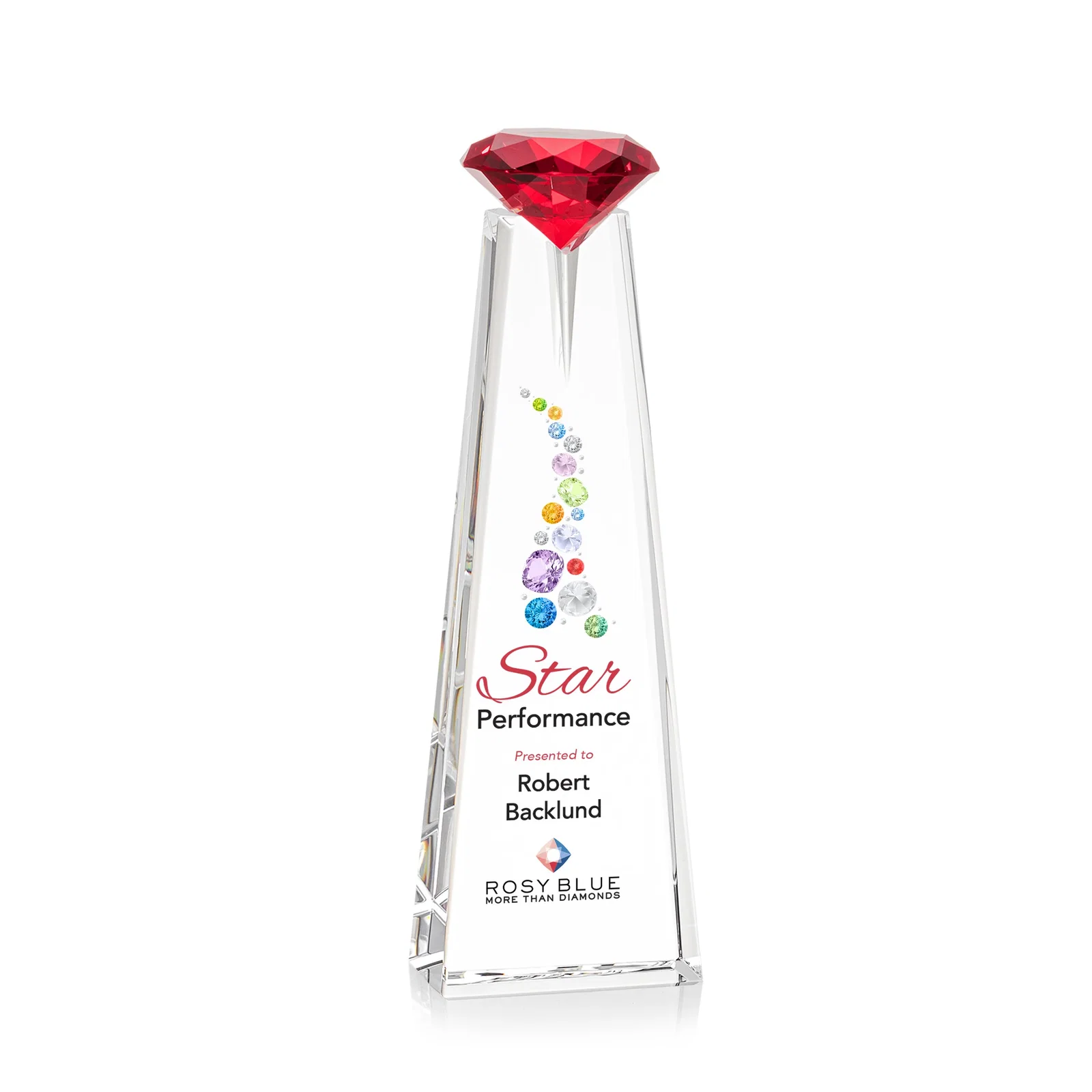 Custom printed Optical Crystal Tower Award with Faceted Gemstone Beacon for team milestone celebrations