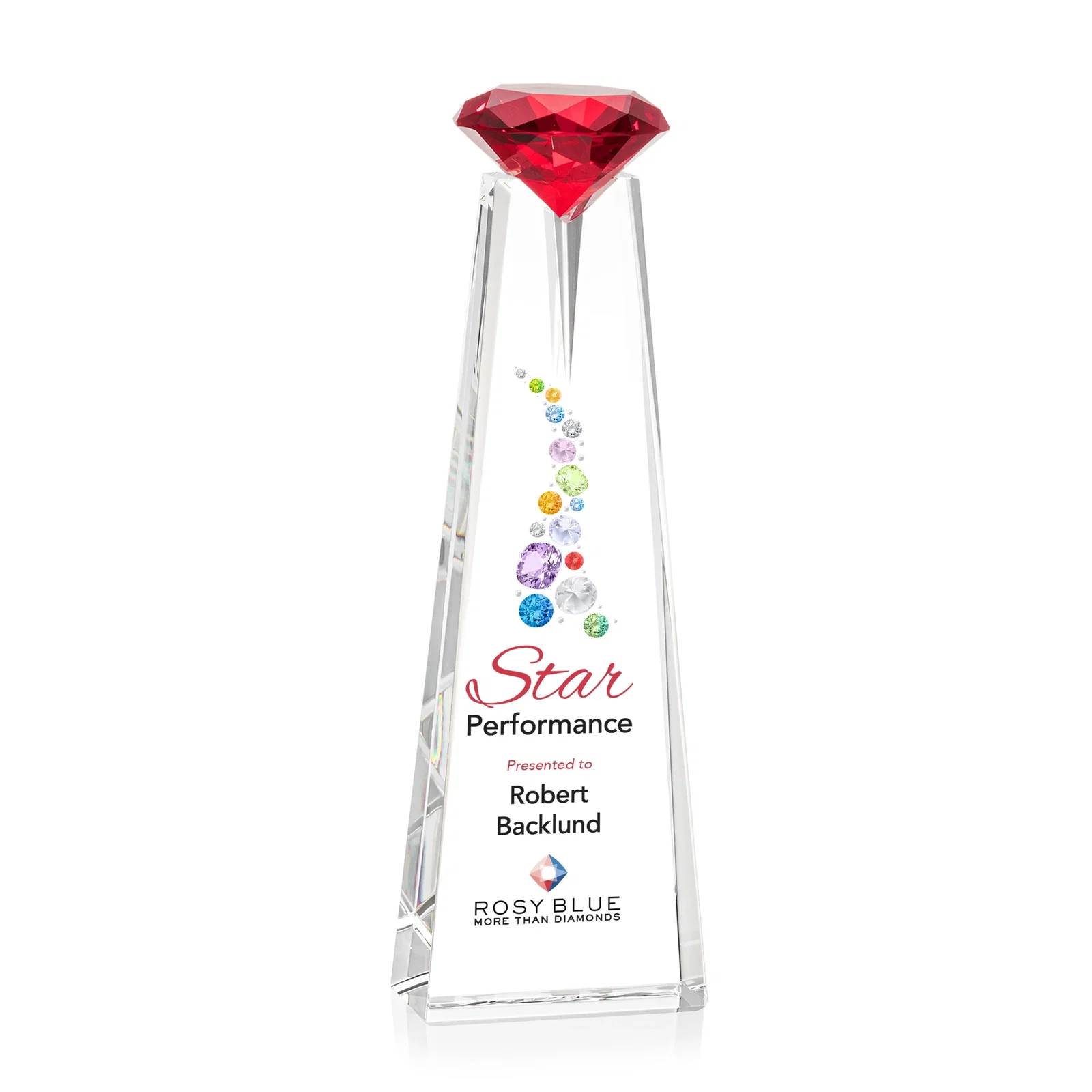 Custom printed Optical Crystal Tower Award with Faceted Gemstone Beacon for donor appreciation