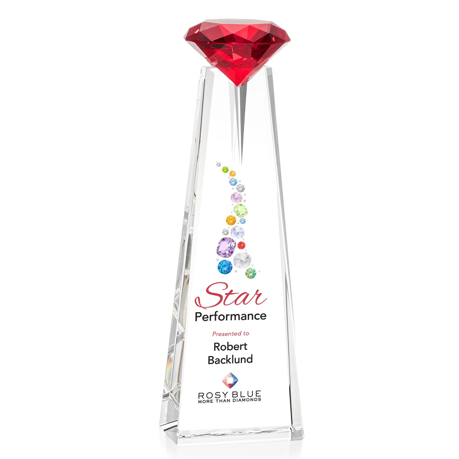 Custom printed Optical Crystal Tower Award with Faceted Gemstone Beacon for graduation ceremonies