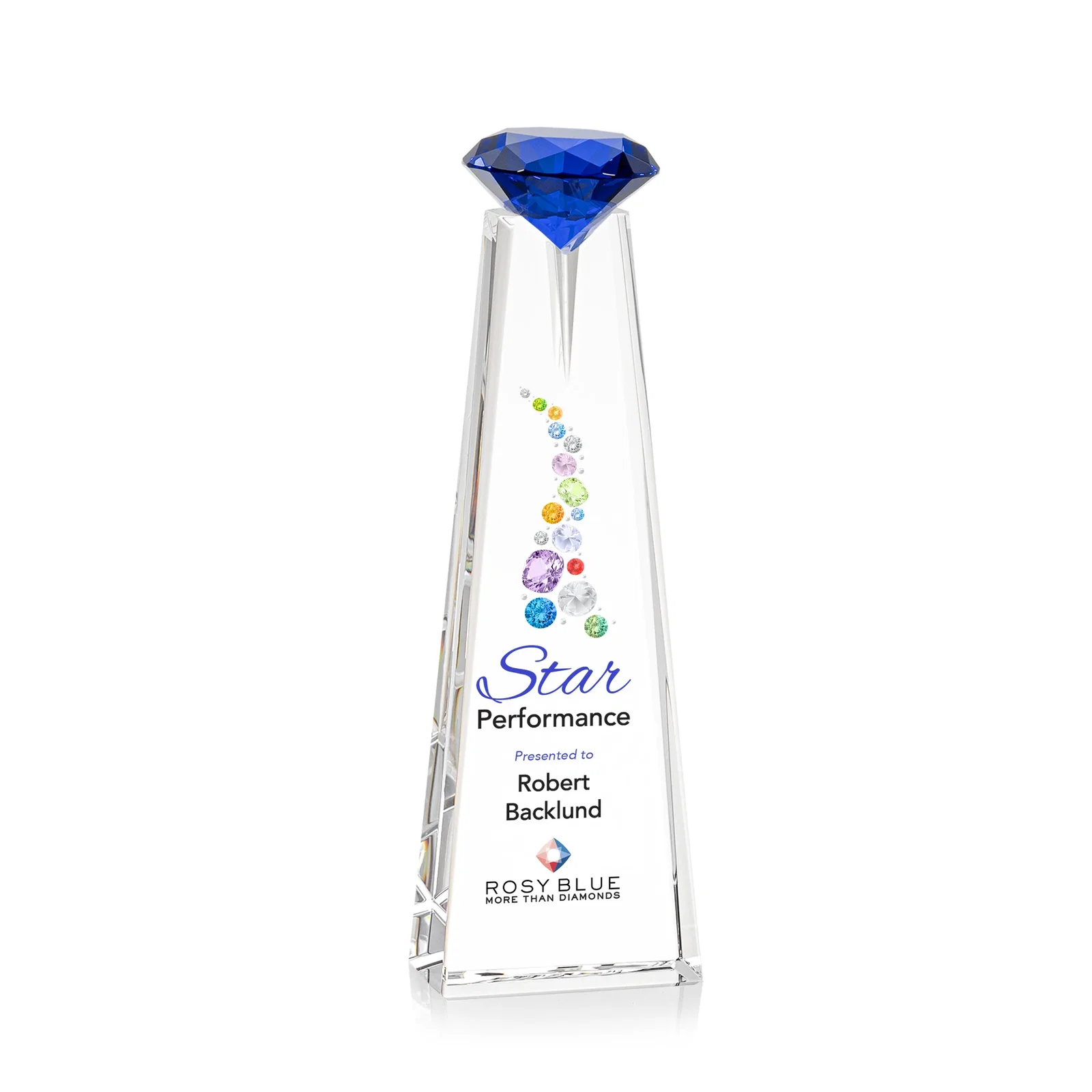 Custom printed Optical Crystal Tower Award with Faceted Gemstone Beacon for volunteer appreciation