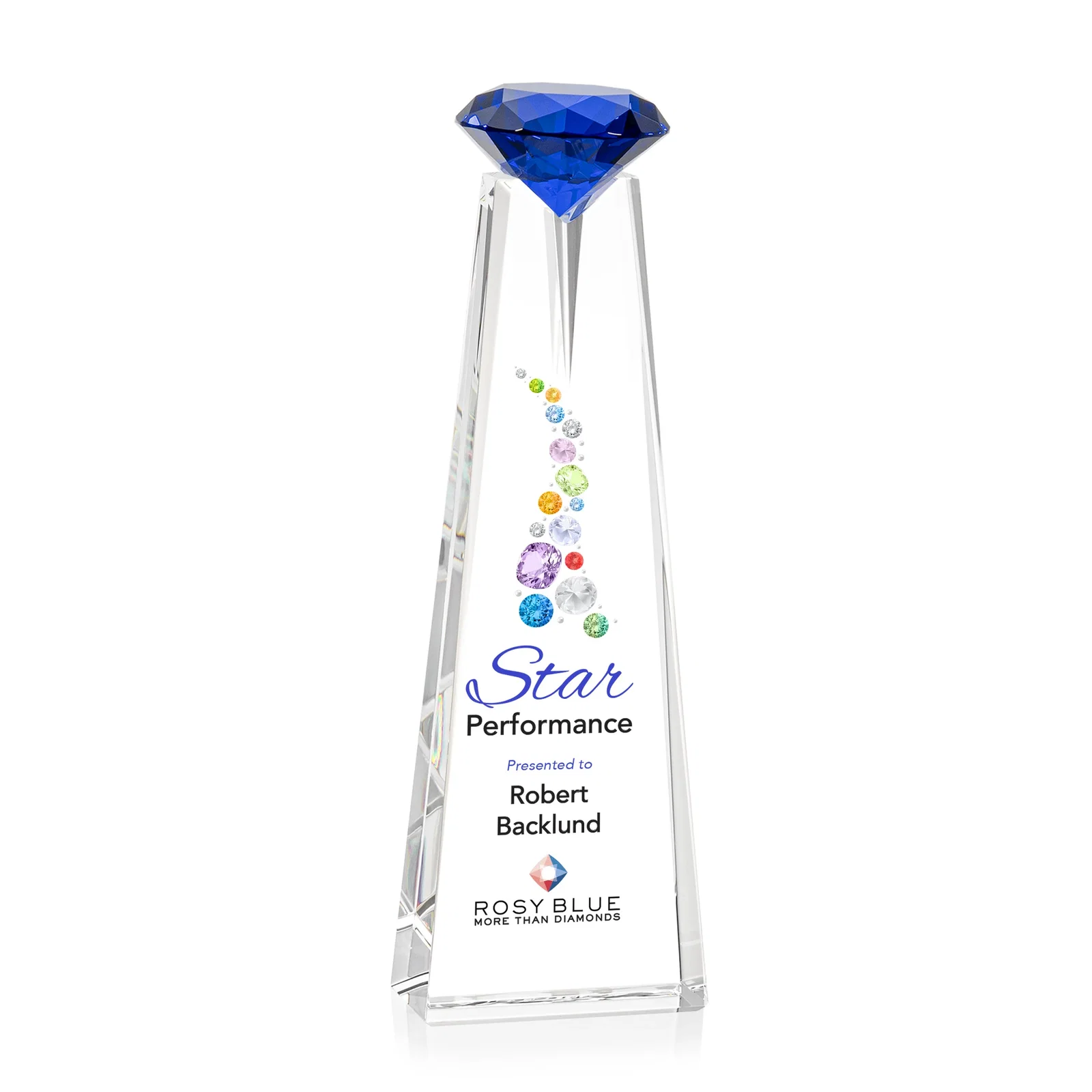 Custom printed Optical Crystal Tower Award with Faceted Gemstone Beacon for dealer and partner awards
