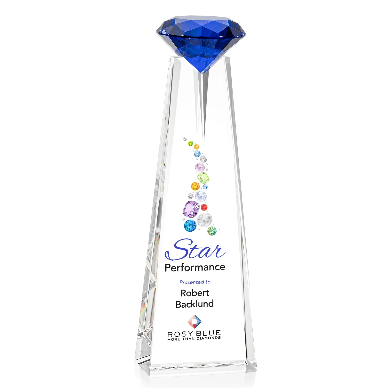 Custom printed Optical Crystal Tower Award with Faceted Gemstone Beacon for company anniversary events