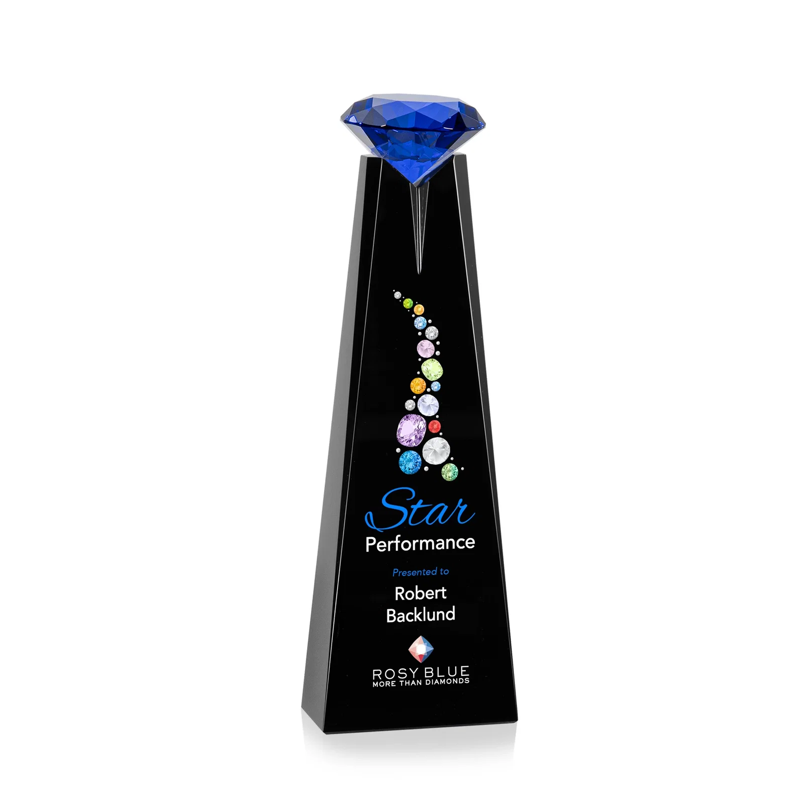Custom engraved Optical Crystal Tower Award with Faceted Gemstone Beacon for team milestone celebrations