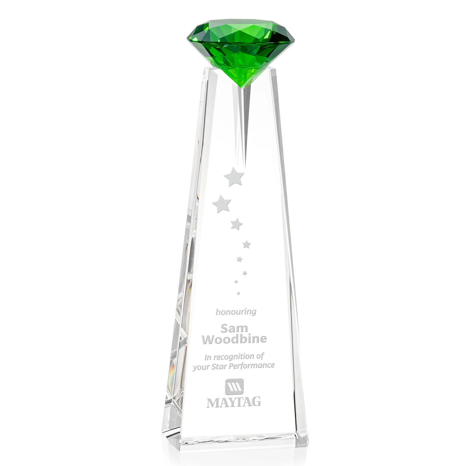 Custom Optical Crystal Tower Award with Faceted Gemstone Beacon for graduation ceremonies