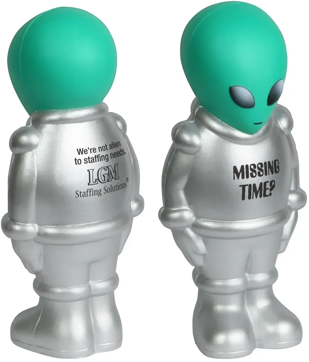 Custom Alien Stress Reliever novelty squeeze toy, molded foam alien shape with promotional logo