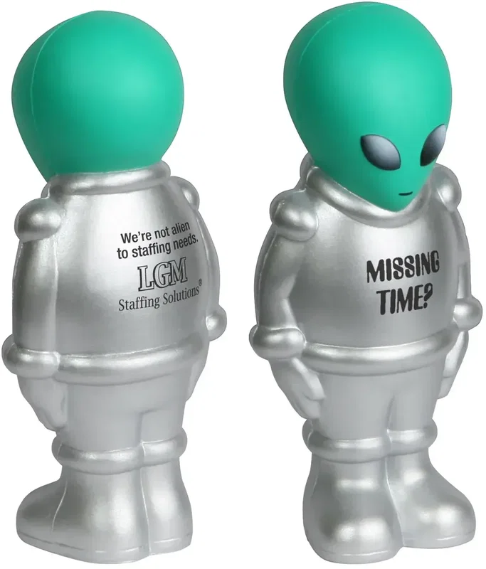 Custom Alien Stress Reliever novelty squeeze toy, molded foam alien shape with promotional logo