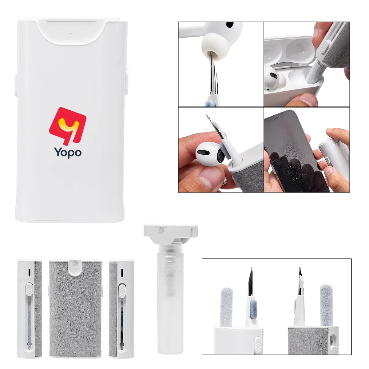 All-in-one cleaning set for earbuds and their charging case