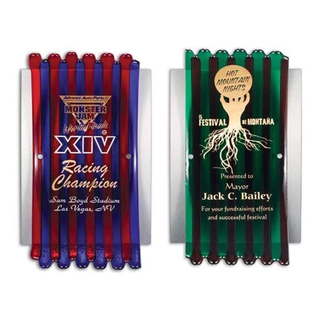 Custom Arched Glass Plaque on Standoffs over an Aluminum-Faced Panel for employee recognition
