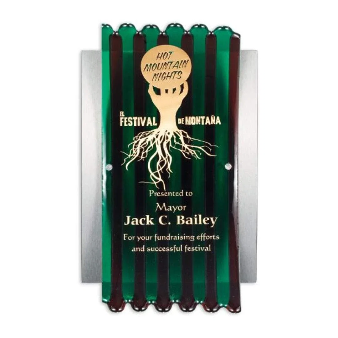 Custom Arched Glass Plaque on Standoffs over an Aluminum-Faced Panel for corporate award ceremonies