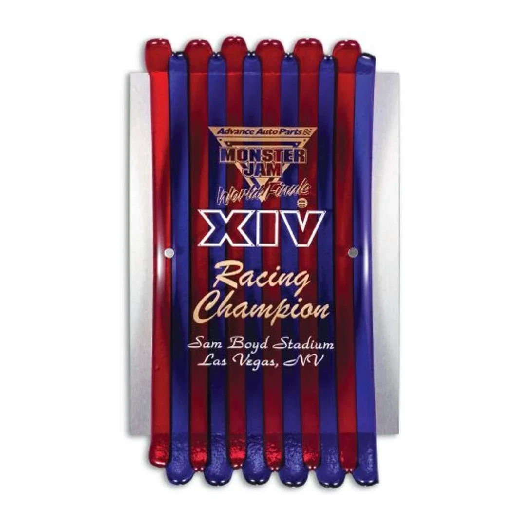 Custom Arched Glass Plaque on Standoffs over an Aluminum-Faced Panel for service anniversary gifts