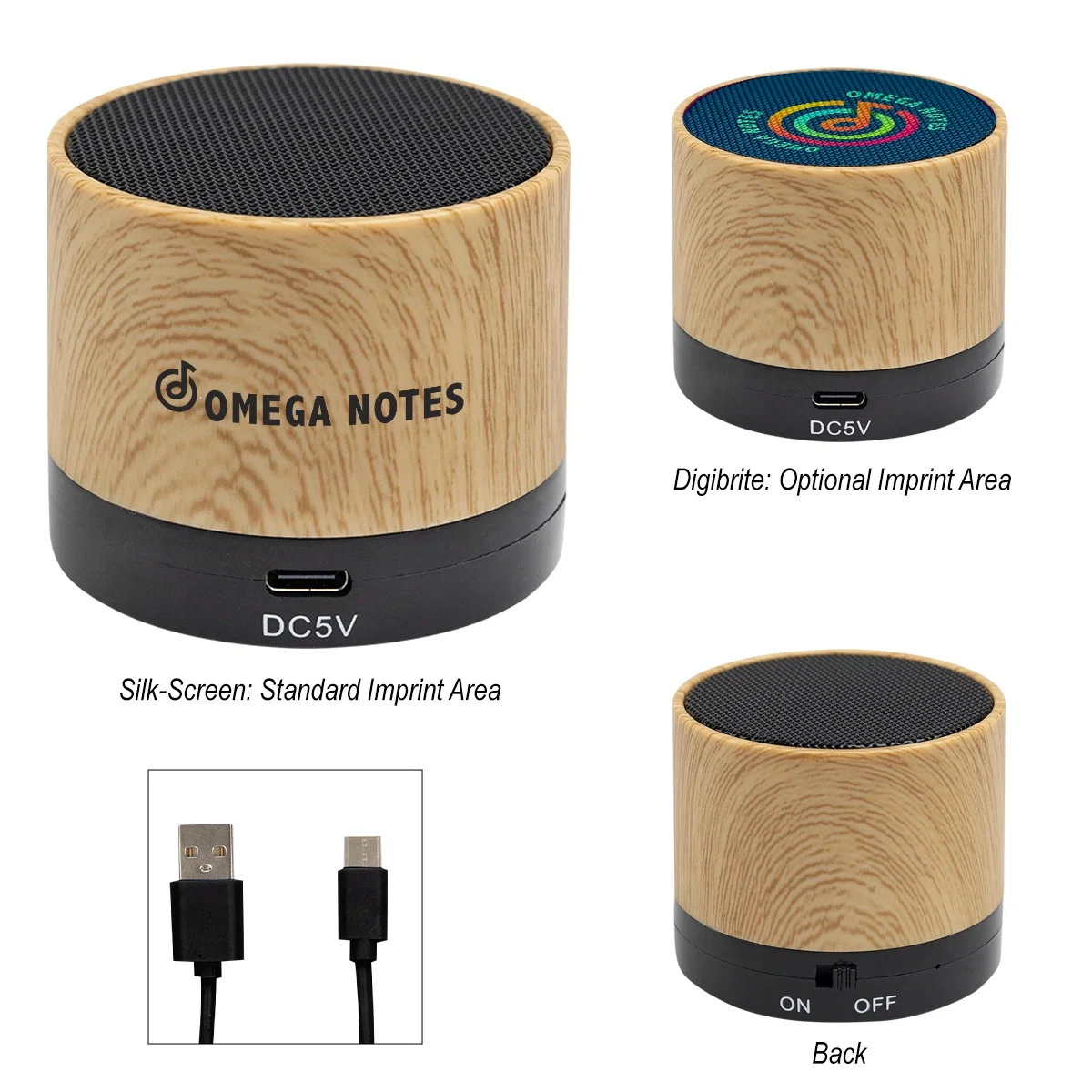 Compact wireless speaker with a wood grain finish
