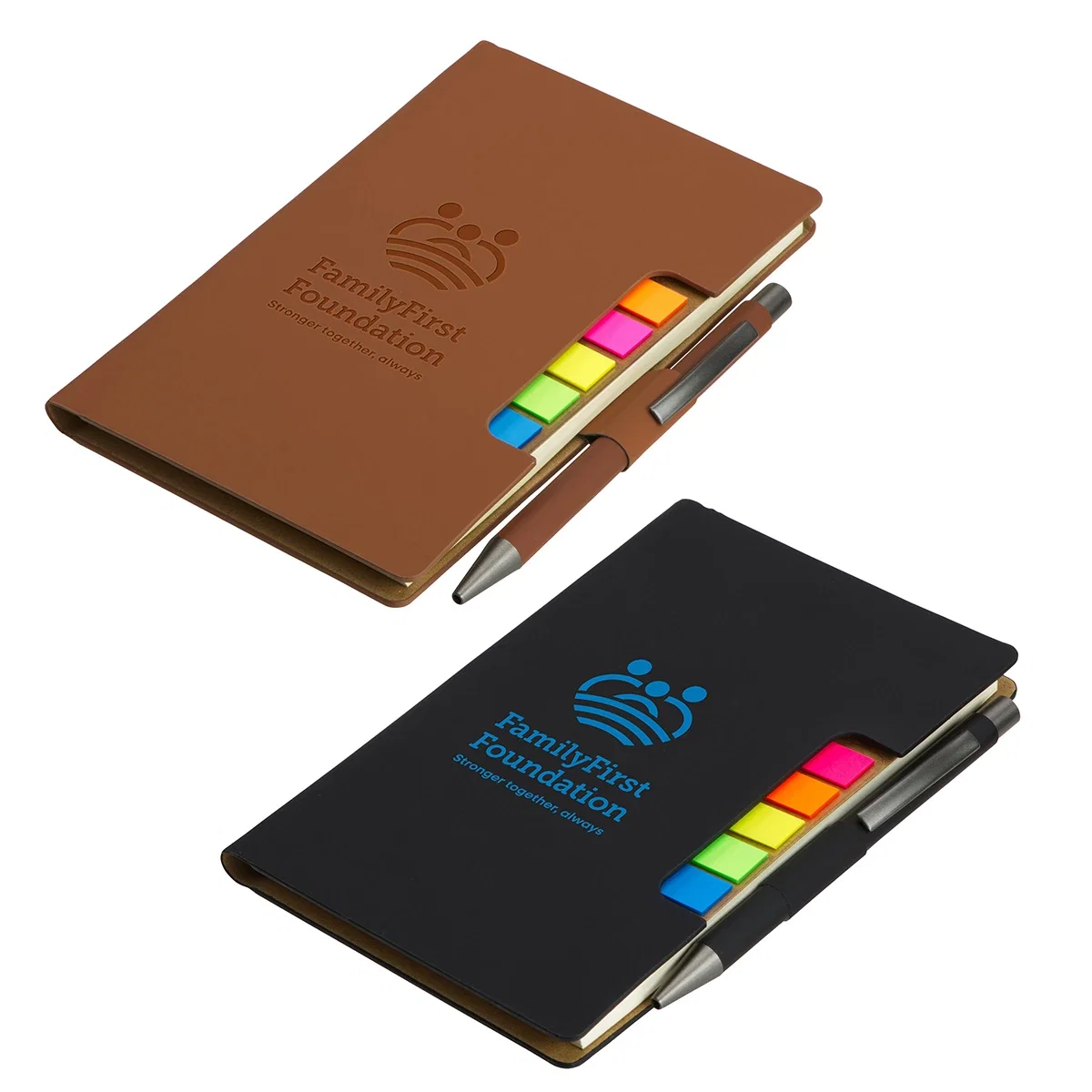 Custom Alliance Hardcover Journal, front view of the branded journal with pen