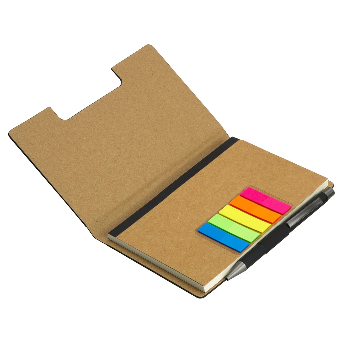 Open view of the Alliance Hardcover Journal showing sticky flags and pen