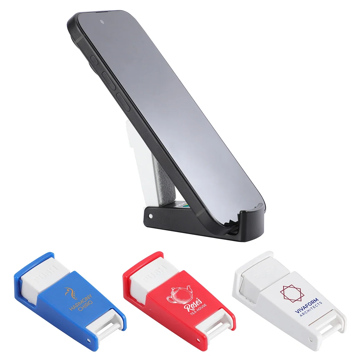 Custom Alliance Portable Phone Stand and Screen Cleaner, front view of the branded stand