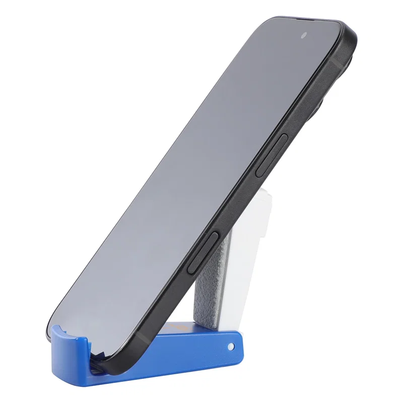 Angled view of the custom Alliance Phone Stand showing the adjustable hinge