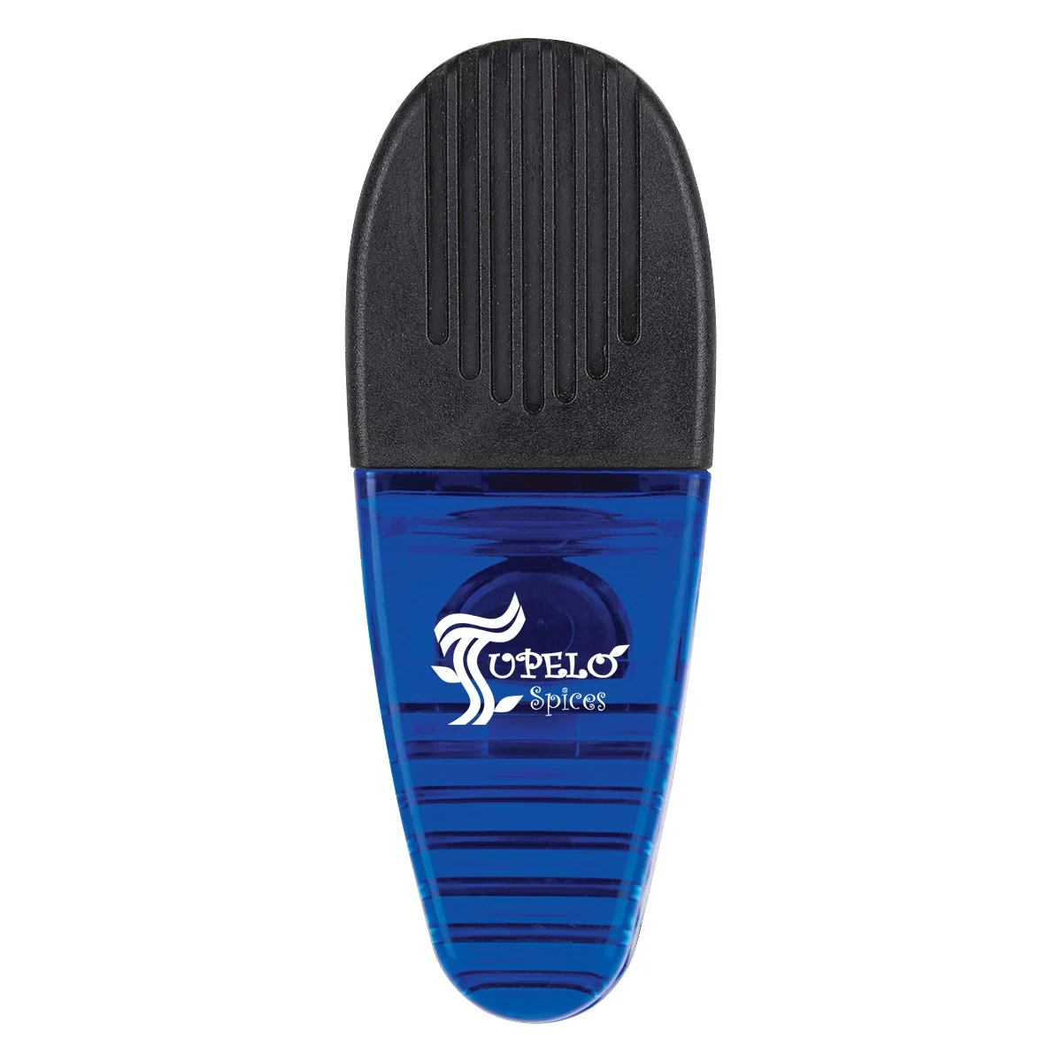 Alligator clip with a black rubber grip and translucent body
