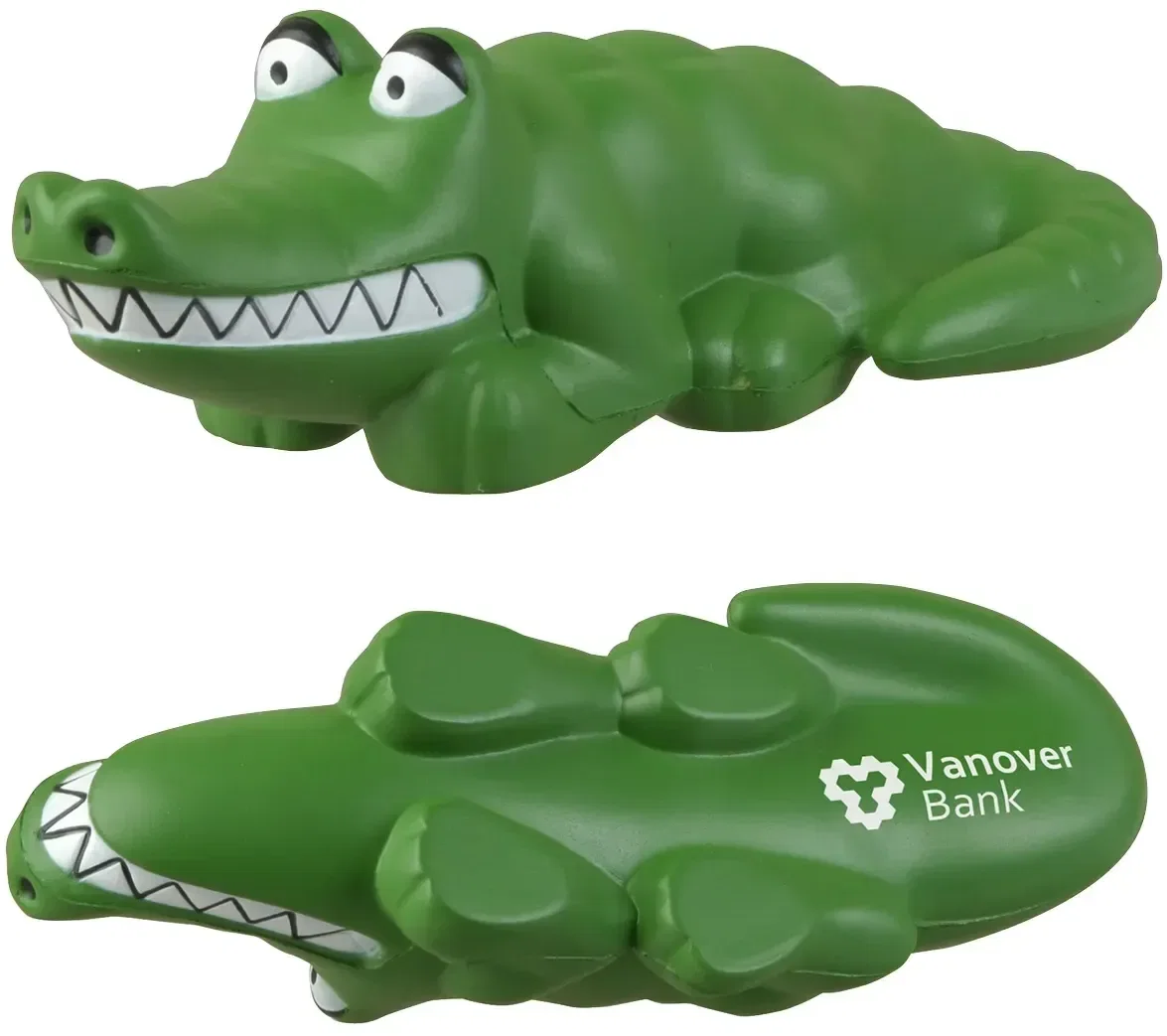 Alligator Stress Reliever custom promotional squeeze toy, front view of the branded logo alligator toy