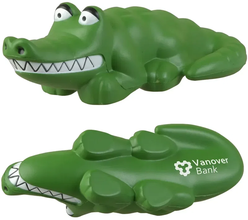 Alligator Stress Reliever custom promotional squeeze toy, front view of the branded logo alligator toy
