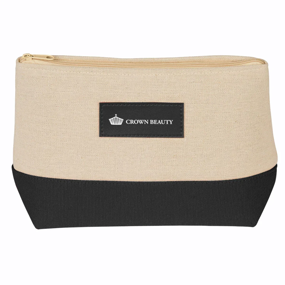 Natural canvas cosmetic bag with contrasting trim and a top zipper