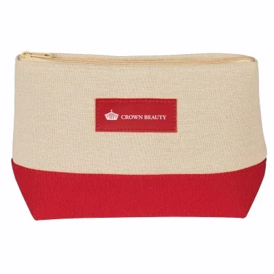 Angled view of the boxy toiletry case standing upright