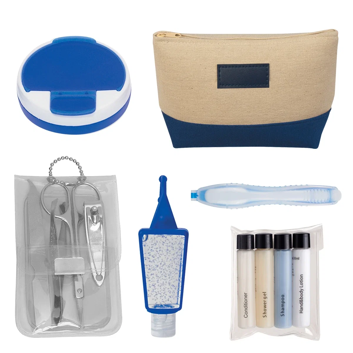 Bag opened to show the space inside for toiletries