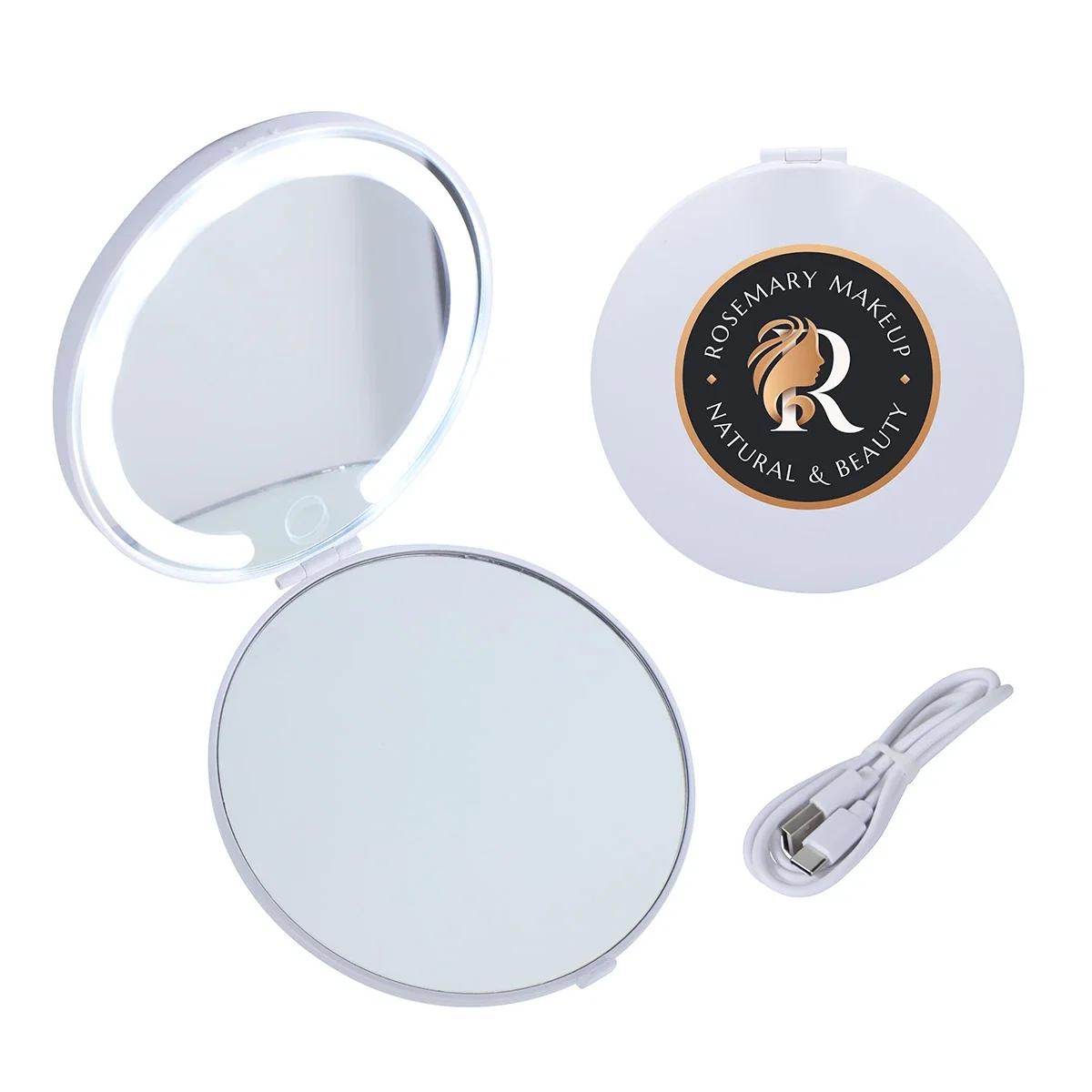 Allure rechargeable dual pocket mirror with LED light ring, standard and magnified sides, foldable design