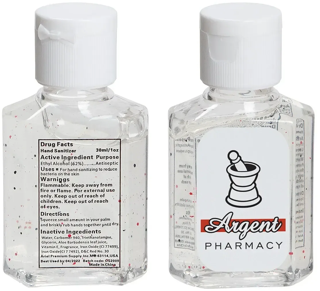 Aloe Vitamin E hand sanitizer, custom branded 1 ounce sanitizer, front hero view