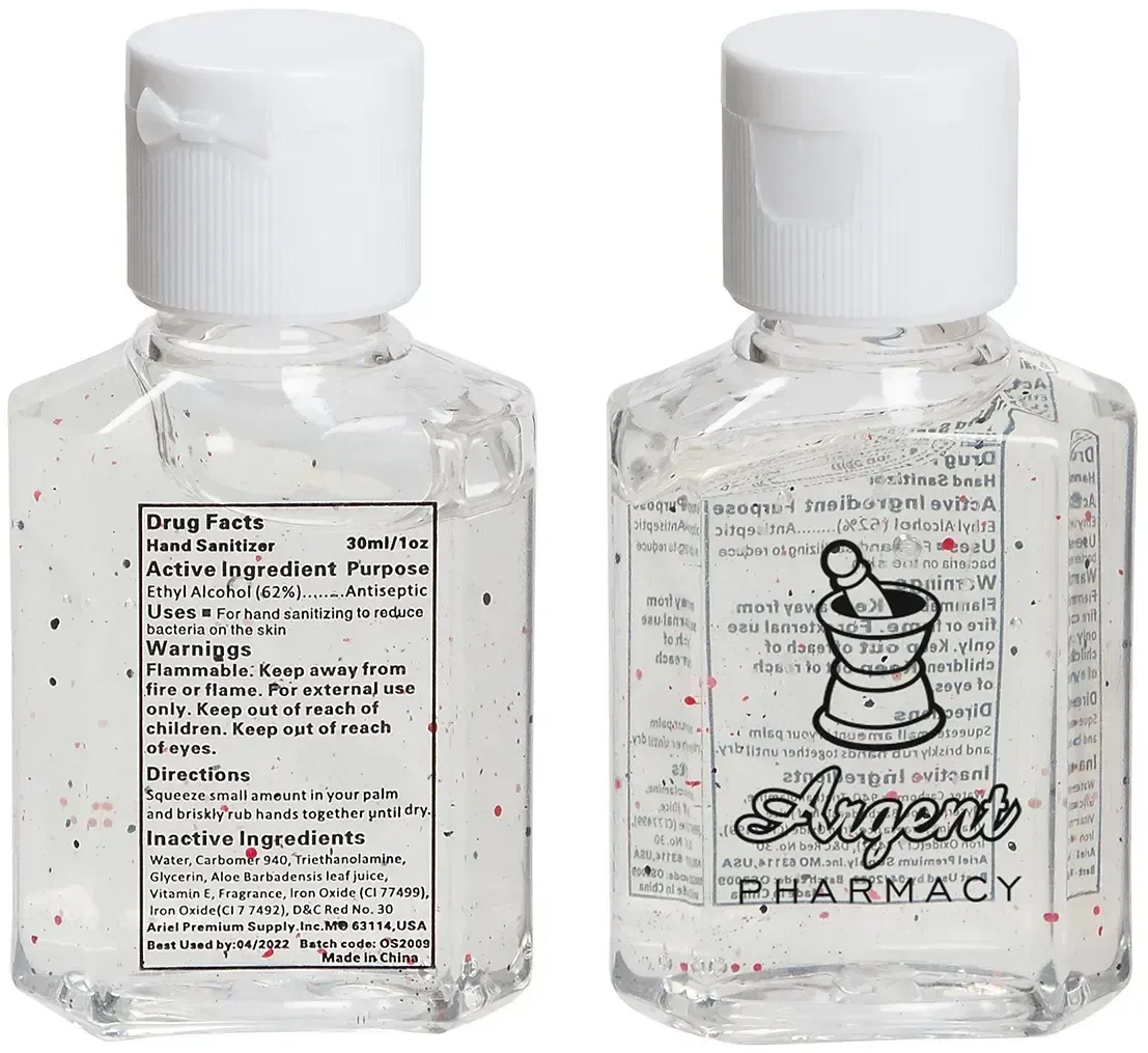 Promotional branded Aloe Vitamin E sanitizer bottle, back label detail with logo