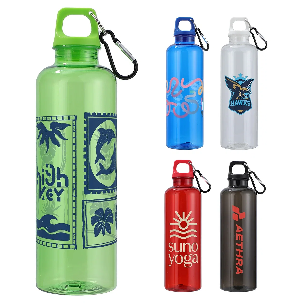 Custom Aloha 25 oz RPET Reusable Bottle with Carabiner, front view in the first color style
